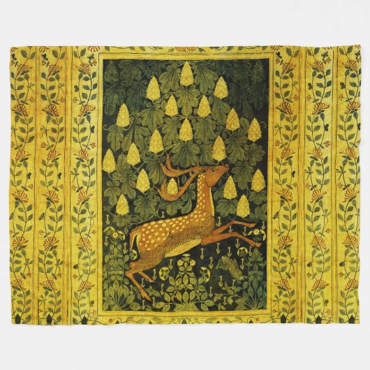 ファウシカ、花栗の木グリーンイエロー フリースブランケット (正面(横))