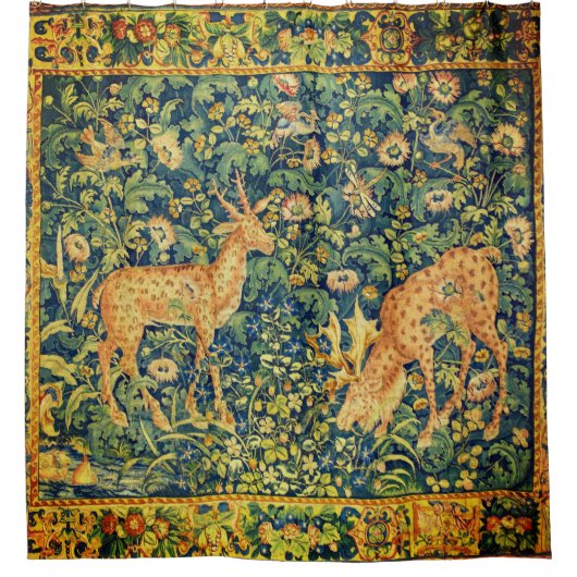 ファウディアペア，ゴシック様式のファンタジー花，緑 シャワーカーテン (正面)