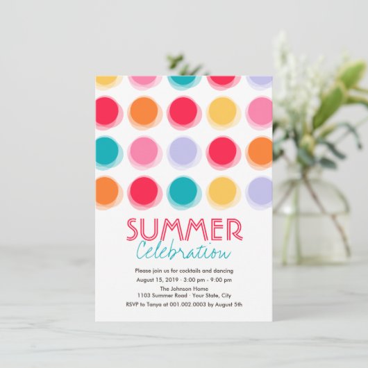 ファジィカラー踊りドットおもしろいサマーパーティー招待状 招待状 (スタンド正面)