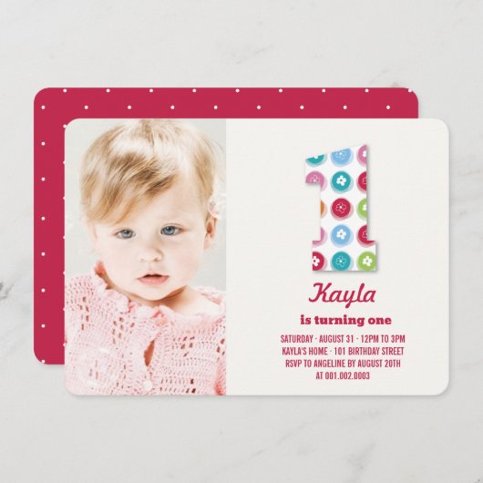 ファジーデイジーカラードット1st誕生日パーティー写真 招待状 (正面/裏面)