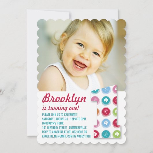 ファジーデイジーカラードット1st誕生日パーティー写真 招待状 (正面)