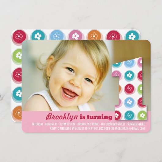 ファジーデイジーカラードット1st誕生日パーティー写真 招待状 (正面/裏面)