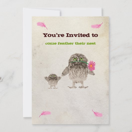 ファジーフクロウの女の子ベビーシャワーパーティの招待状 招待状 (裏面)