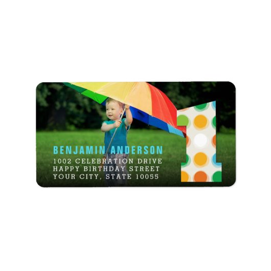 ファジーモダンカラードット1st誕生日パーティー写真 ラベル (正面)