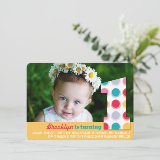 ファジーモダンカラードット1st誕生日パーティー写真 招待状 (スタンド正面)