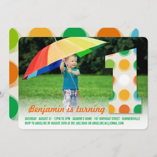 ファジーモダンカラードット1st誕生日パーティー写真 招待状 (正面/裏面)