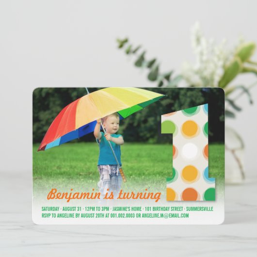 ファジーモダンカラードット1st誕生日パーティー写真 招待状 (スタンド正面)