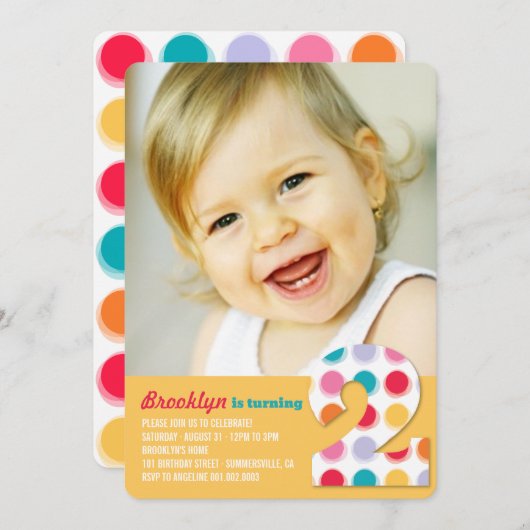 ファジーモダンカラー点2nd誕生日パーティー写真 招待状 (正面/裏面)