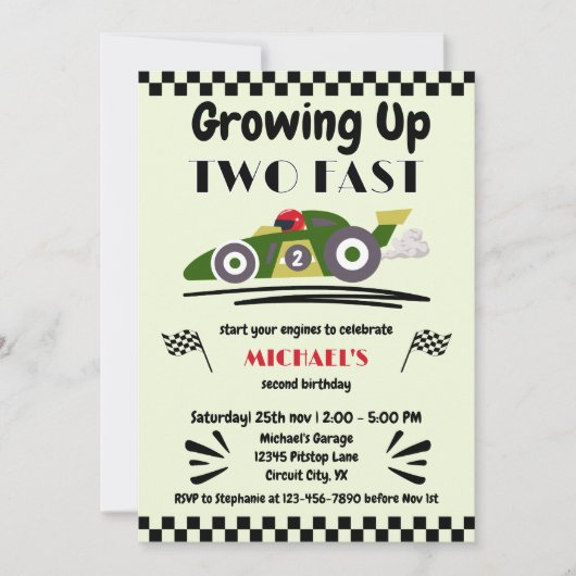 ファストグリーンのレースカー2台で育つ2回目の誕生日 招待状 (正面)