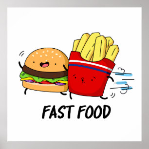 ファストフードおもしろいバーガーとフライスパン ポスター