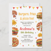 「ファストフードの誕生日パーティーへようこそ！バーガー＆ピザ」 招待状 (正面)