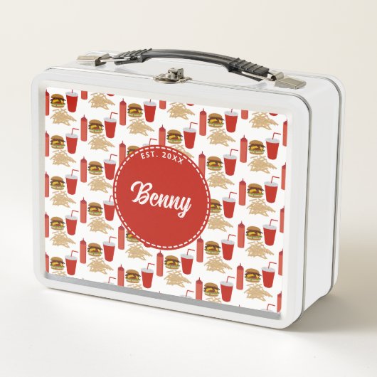 ファストフードバーガーのフライドパターンモノグラム メタルランチボックス (正面)