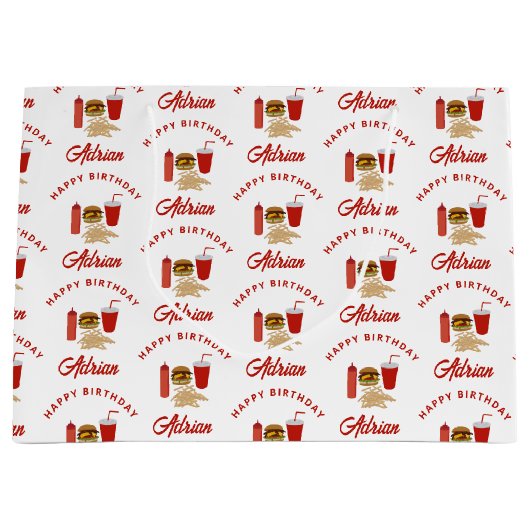 ファストフードバーガーのフライドパターン誕生日名 ラージペーパーバッグ (正面)