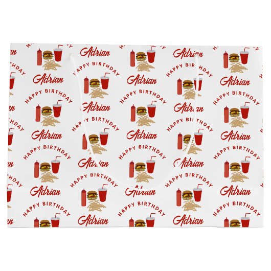 ファストフードバーガーのフライドパターン誕生日名 ラージペーパーバッグ (裏面)