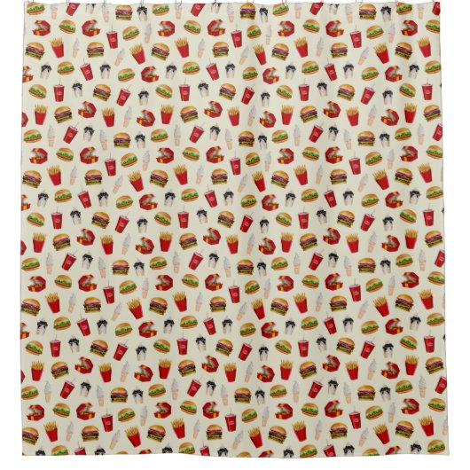ファストフードバーガー、フライドポテト、サンデー シャワーカーテン (正面)