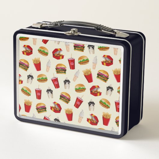 ファストフードバーガー、フライドポテト、サンデー メタルランチボックス (正面)