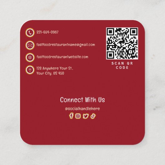 ファストフード会社レストランカスタムロゴ | QRコード スクエア名刺 (裏面)
