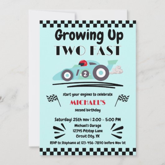 ファストブルーレースカー2台で育つ2回目の誕生日 招待状 (正面)
