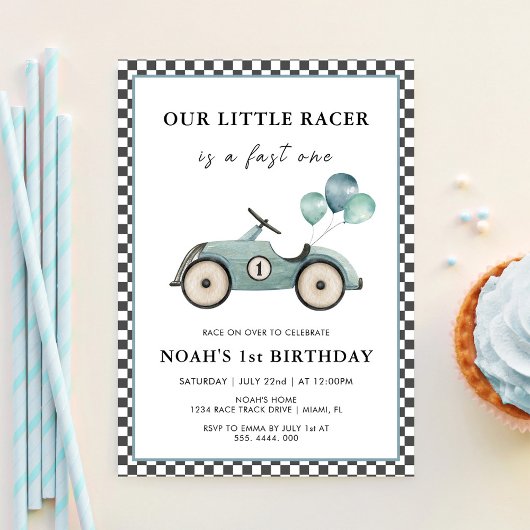ファストワンボーイズ ビンテージ レーシングカー 1歳の誕生日 招待状
