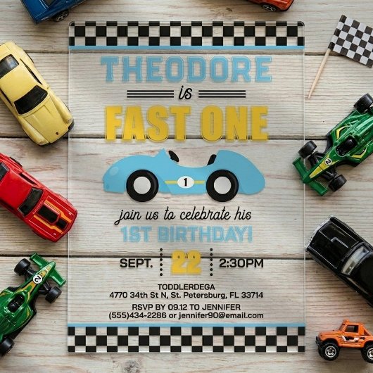 ファストワンレーシングカー 1歳の誕生日 アクリル招待状