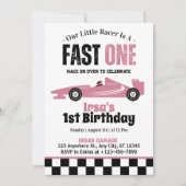 ファストワンレースカーガール 1歳の誕生日パーティー 招待状 (正面)