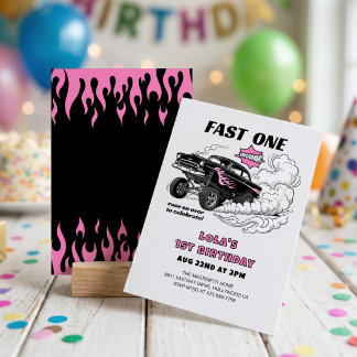 🏁 ファストワンレースカーギャザーガールの1歳の誕生日 招待状