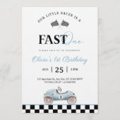 ファストワンレース 青いヴィンテージカー 1歳の誕生日 招待状 (正面)