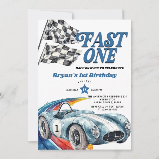 ファストワン ヴィンテージ ブルー レースカー 男の子 1歳 誕生日 招待状 (正面)