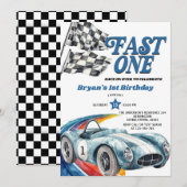 ファストワン ヴィンテージ ブルー レースカー 男の子 1歳 誕生日 招待状 (正面/裏面)
