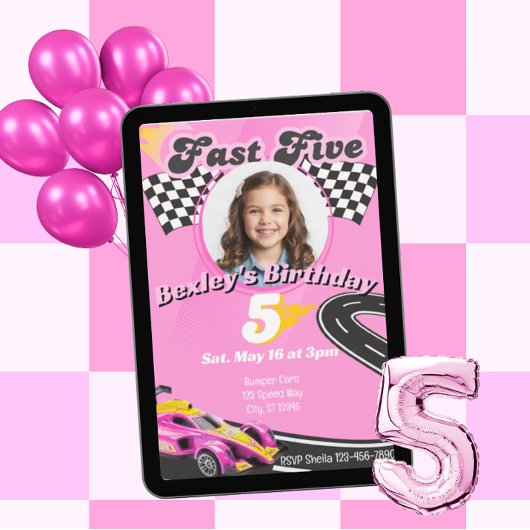 ファスト・ファイブ、ピンクのレースの絵 5歳の誕生日 招待状