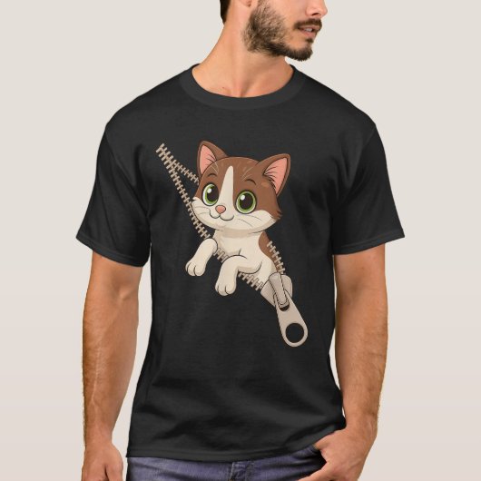 ファスナーから出てくる猫 面白いコスチューム 男女兼用 Tシャツ (正面)