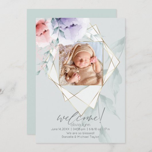 ファセットフォトフレームコーラルと薄紫牡丹 招待状 (正面/裏面)