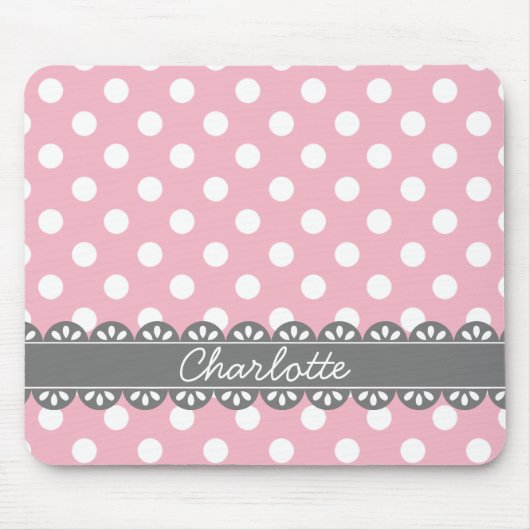 ファッショナブルなピンクの水玉模様とグレーレース マウスパッド (正面)