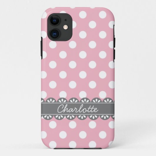ファッショナブルなピンクの水玉模様とグレーレース Case-Mate iPhoneケース (裏面)