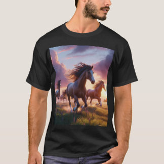 ファッショナブルなファ:黒いT走シャツと馬 Tシャツ