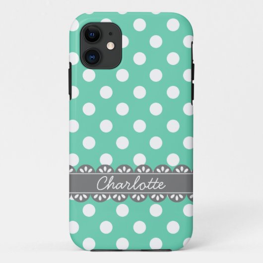 ファッショナブルなミント水玉模様とグレーレース Case-Mate iPhoneケース (裏面)