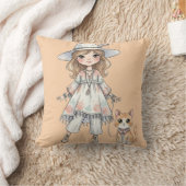 ファッショナブルな女の子が猫と散歩 クッション (ブランケット)