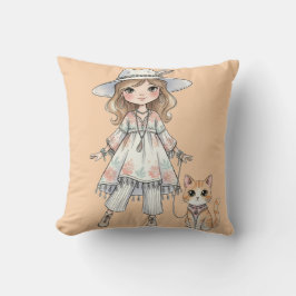 ファッショナブルな女の子が猫と散歩 クッション