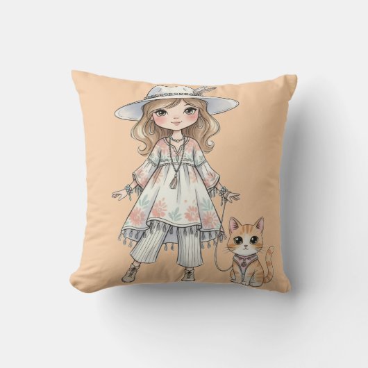 ファッショナブルな女の子が猫と散歩 クッション (正面)