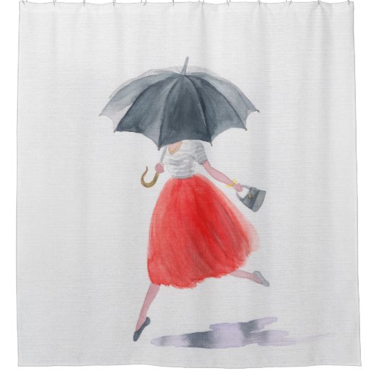 ファッショナブルな女の子：傘の雨イラストレーション シャワーカーテン (正面)