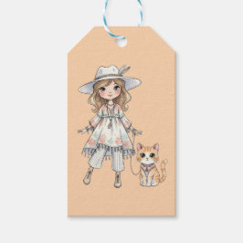 ファッショナブルな少女が猫と散歩 ギフトタグ