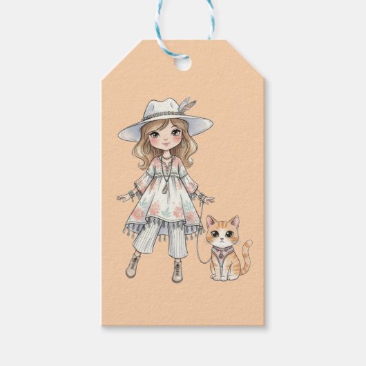 ファッショナブルな少女が猫と散歩 ギフトタグ (正面)