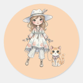 ファッショナブルな少女が猫と散歩 ラウンドシール