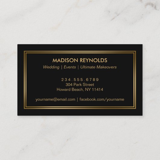ファッショナブルモダンブラック金ゴールドフレームメイクアップアーティスト 名刺 (裏面)