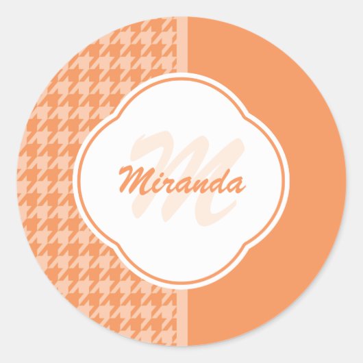 ファッショナブル千鳥格子のオレンジモノグラムと名前 ラウンドシール (正面)