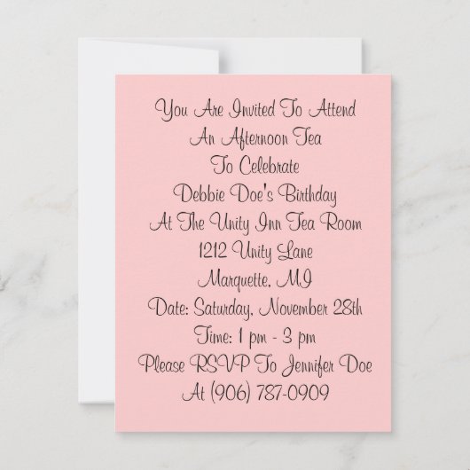 ファッショナブル女性の招待ブランチアフタヌーンティー 招待状 (裏面)