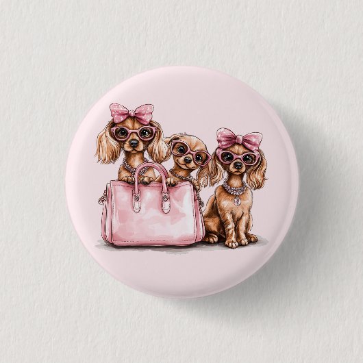 ファッショナブルdachshand犬ピンクの財布 缶バッジ (正面)