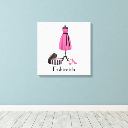 -ファッショニスタキャンバスにピンクのドレスと靴 キャンバスプリント (インサイチュ (ウッドフロア))