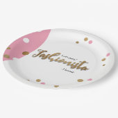 ファッショニスタピンクの金ゴールドの紙吹雪の誕生日のテーマ ペーパープレート (アングル)