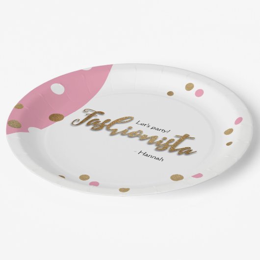 ファッショニスタピンクの金ゴールドの紙吹雪の誕生日のテーマ ペーパープレート (アングル)